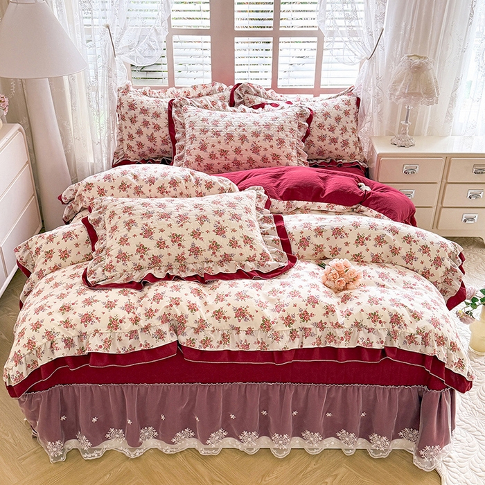 91家纺网 家纺一手货源 找家纺 2026春夏新款ins风小清新AB版法式云朵棉木棉床盖款四件套 玫瑰庄园