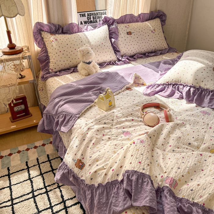 91家纺网 家纺一手货源 找家纺 欧尚 2026新款床盖款花边夏被四件套 波比熊