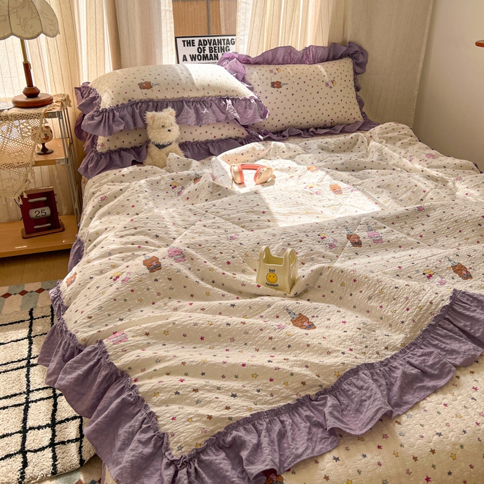 91家纺网 家纺一手货源 找家纺 欧尚 2026新款床盖款花边夏被四件套 波比熊