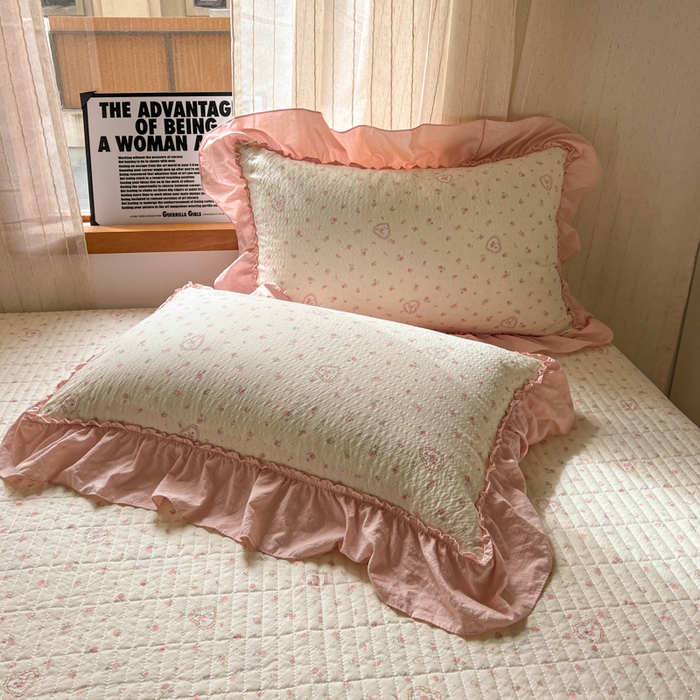 91家纺网 家纺一手货源 找家纺 欧尚 2026新款床盖款花边夏被四件套 春日甜桃心粉