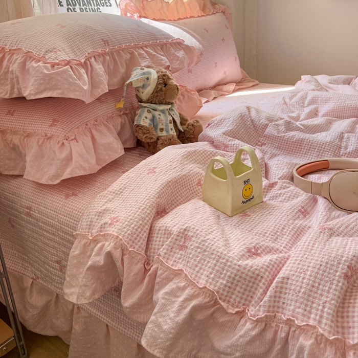 91家纺网 家纺一手货源 找家纺 欧尚 2026新款床盖款花边夏被四件套 格子结