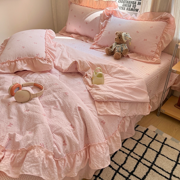 91家纺网 家纺一手货源 找家纺 欧尚 2026新款床盖款花边夏被四件套 格子结