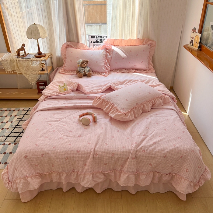 91家纺网 家纺一手货源 找家纺 欧尚 2026新款床盖款花边夏被四件套 格子结