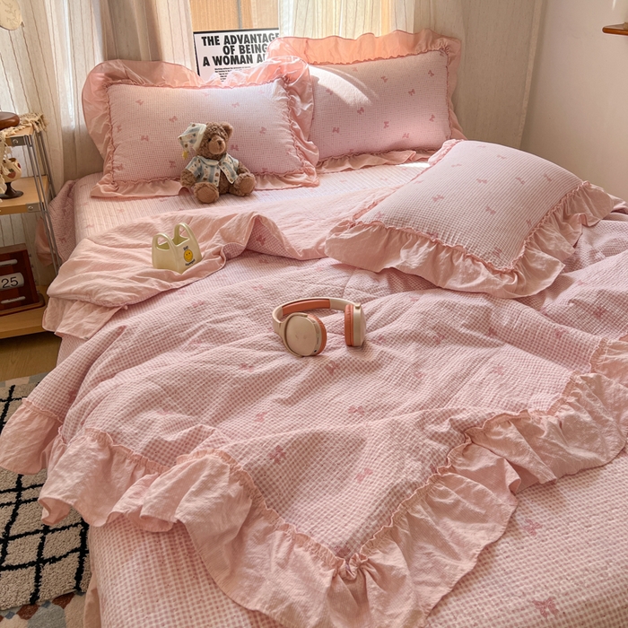 91家纺网 家纺一手货源 找家纺 欧尚 2026新款床盖款花边夏被四件套 格子结