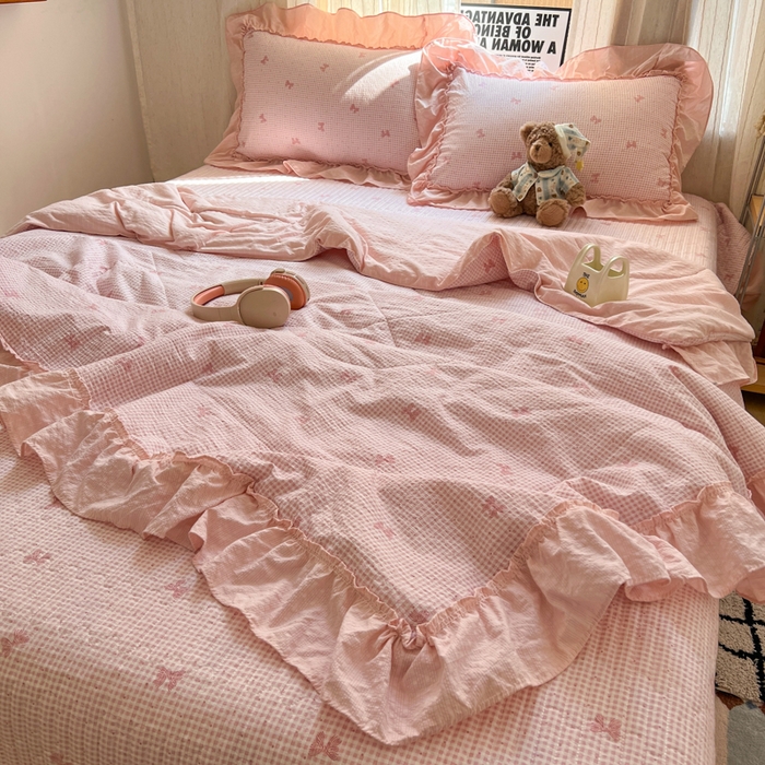 91家纺网 家纺一手货源 找家纺 欧尚 2026新款床盖款花边夏被四件套 格子结