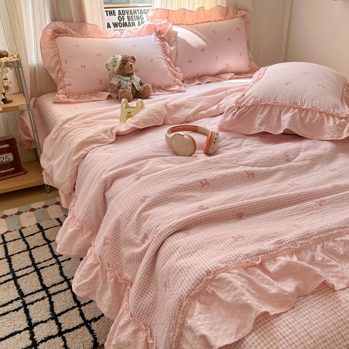 91家纺网 家纺一手货源 找家纺 欧尚 2026新款床盖款花边夏被四件套 格子结