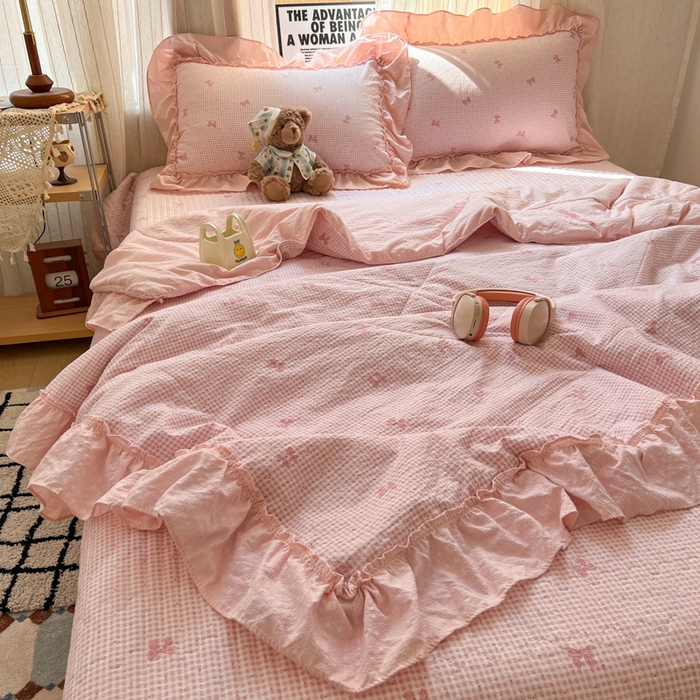 91家纺网 家纺一手货源 找家纺 欧尚 2026新款床盖款花边夏被四件套 格子结