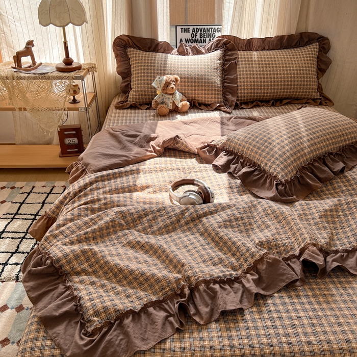 91家纺网 家纺一手货源 找家纺 欧尚 2026新款床盖款花边夏被四件套 古典格