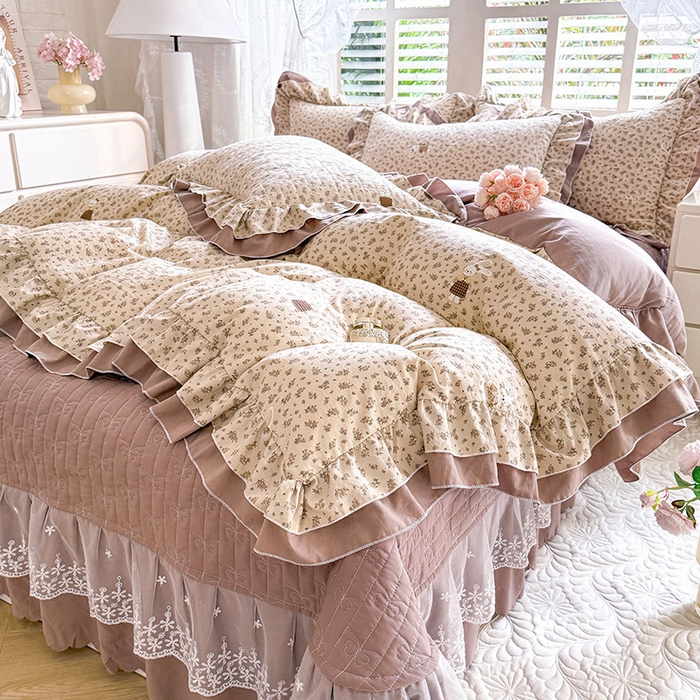 91家纺网 家纺一手货源 找家纺 2026春夏新款ins风小清新AB版法式云朵棉木棉床盖款四件套 奶咖森林