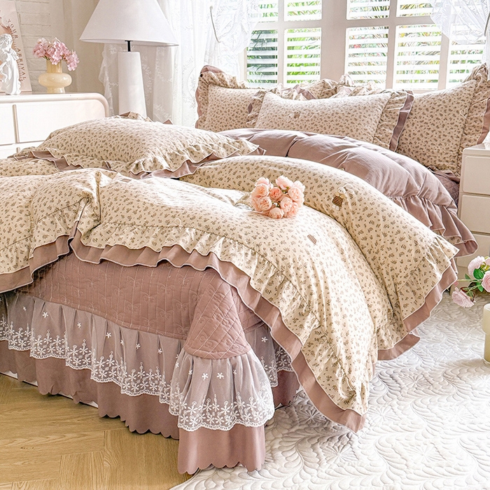 91家纺网 家纺一手货源 找家纺 2026春夏新款ins风小清新AB版法式云朵棉木棉床盖款四件套 奶咖森林