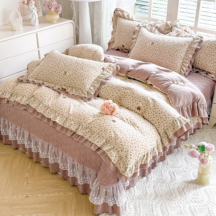 91家纺网 家纺一手货源 找家纺 2026春夏新款ins风小清新AB版法式云朵棉木棉床盖款四件套 奶咖森林