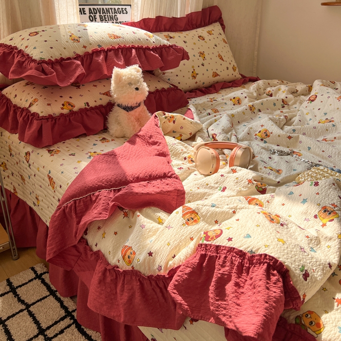 91家纺网 家纺一手货源 找家纺 欧尚 2026新款床盖款花边夏被四件套 旧街星星