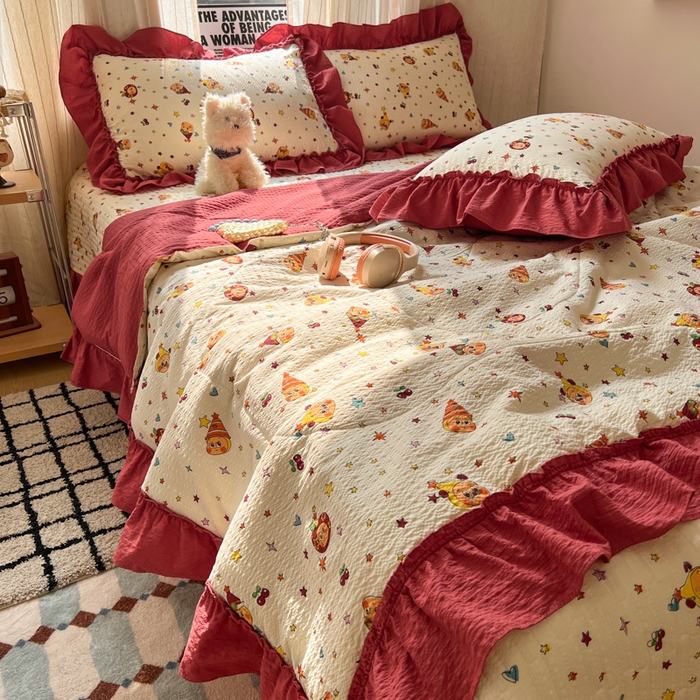 91家纺网 家纺一手货源 找家纺 欧尚 2026新款床盖款花边夏被四件套 旧街星星