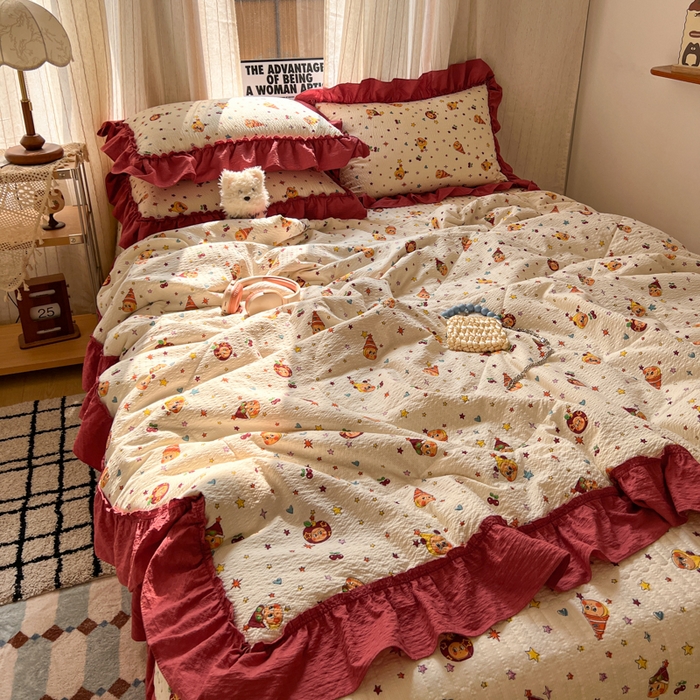 91家纺网 家纺一手货源 找家纺 欧尚 2026新款床盖款花边夏被四件套 旧街星星