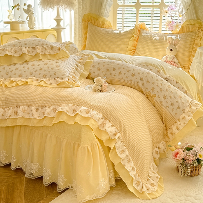 91家纺网 家纺一手货源 找家纺 2026春夏新款ins风小清新AB版法式云朵棉木棉床盖款四件套 奶酪芝士