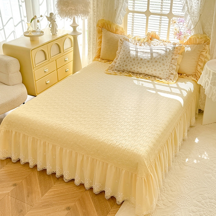 91家纺网 家纺一手货源 找家纺 2026春夏新款ins风小清新AB版法式云朵棉木棉床盖款四件套 奶酪芝士