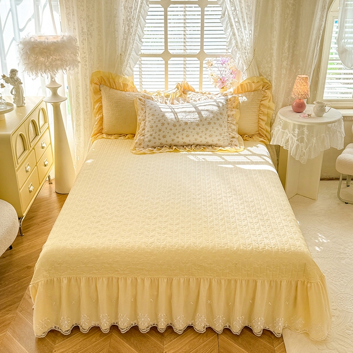 91家纺网 家纺一手货源 找家纺 2026春夏新款ins风小清新AB版法式云朵棉木棉床盖款四件套 奶酪芝士