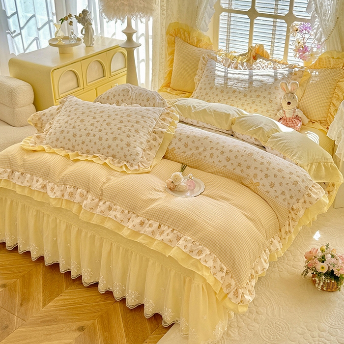 91家纺网 家纺一手货源 找家纺 2026春夏新款ins风小清新AB版法式云朵棉木棉床盖款四件套 奶酪芝士