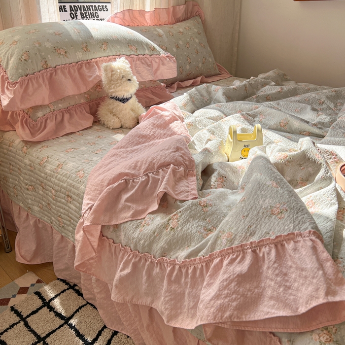 91家纺网 家纺一手货源 找家纺 欧尚 2026新款床盖款花边夏被四件套 绿蔷薇