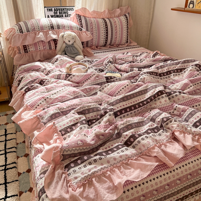 91家纺网 家纺一手货源 找家纺 欧尚 2026新款床盖款花边夏被四件套 猫咪集