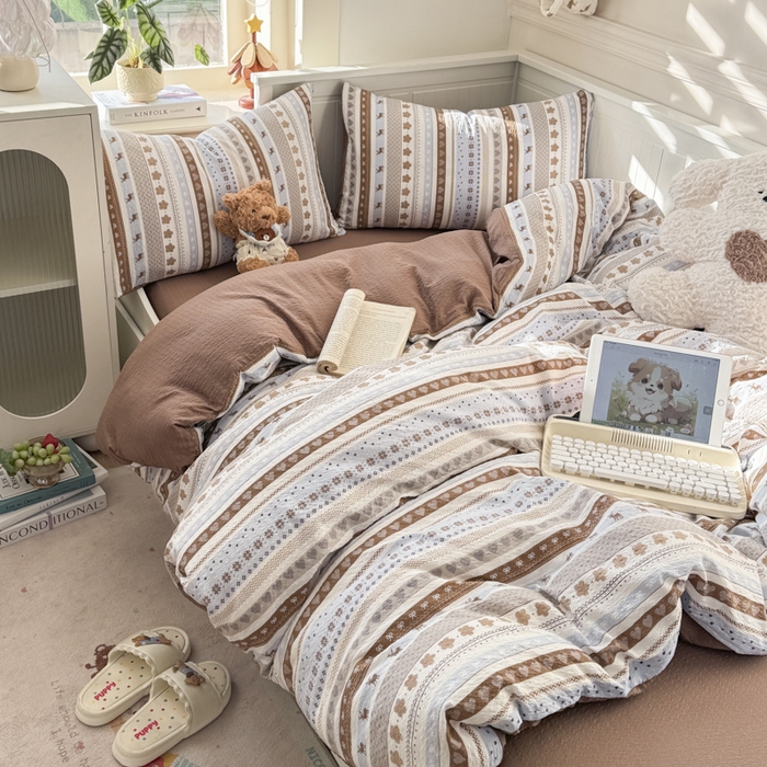 91家纺网 家纺一手货源 找家纺 （总）赛琳 2026新款春夏款泡芙纱双层纱加厚费尔岛系列四件套（有买家秀）