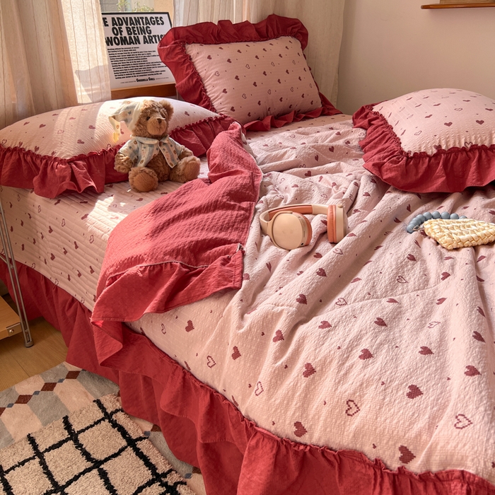 91家纺网 家纺一手货源 找家纺 欧尚 2026新款床盖款花边夏被四件套 朦胧粉红