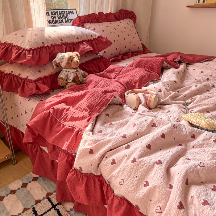 91家纺网 家纺一手货源 找家纺 欧尚 2026新款床盖款花边夏被四件套 朦胧粉红