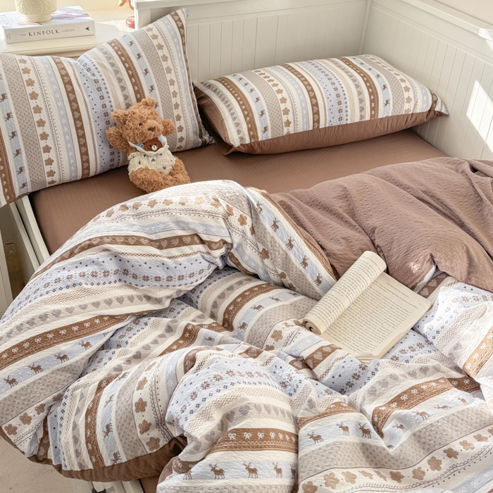 91家纺网 家纺一手货源 找家纺 （总）赛琳 2026新款春夏款泡芙纱双层纱加厚费尔岛系列四件套（有买家秀）