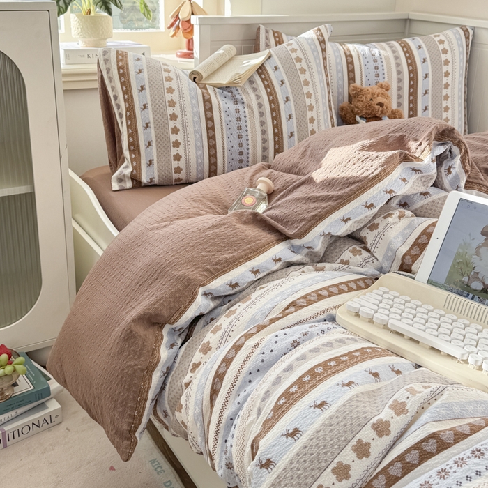 91家纺网 家纺一手货源 找家纺 （总）赛琳 2026新款春夏款泡芙纱双层纱加厚费尔岛系列四件套（有买家秀）