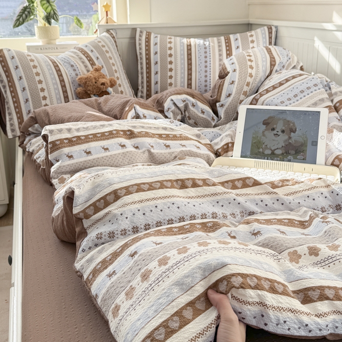 91家纺网 家纺一手货源 找家纺 （总）赛琳 2026新款春夏款泡芙纱双层纱加厚费尔岛系列四件套（有买家秀）