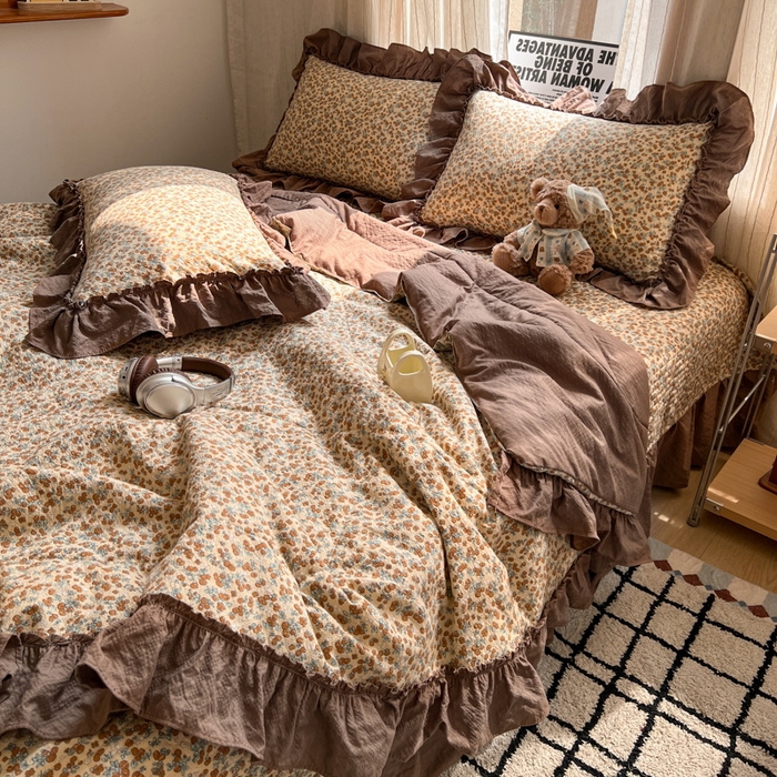 91家纺网 家纺一手货源 找家纺 欧尚 2026新款床盖款花边夏被四件套 暖橘枝