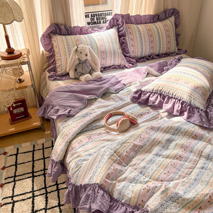 91家纺网 家纺一手货源 找家纺 欧尚 2026新款床盖款花边夏被四件套 甜心木马卷