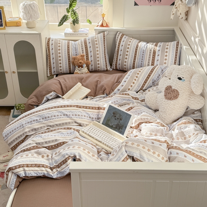 91家纺网 家纺一手货源 找家纺 （总）赛琳 2026新款春夏款泡芙纱双层纱加厚费尔岛系列四件套（有买家秀）