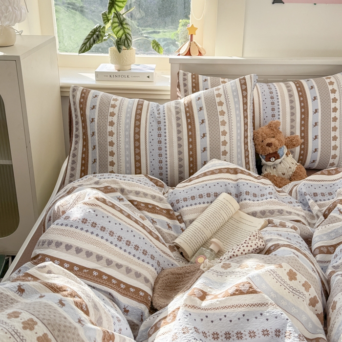 91家纺网 家纺一手货源 找家纺 （总）赛琳 2026新款春夏款泡芙纱双层纱加厚费尔岛系列四件套（有买家秀）