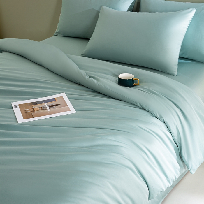 91家纺网 家纺一手货源 找家纺 憨豆家纺 2026新款全棉60s四件套纯色贡缎纯棉被套床笠款三件套长绒棉被套 薄荷绿