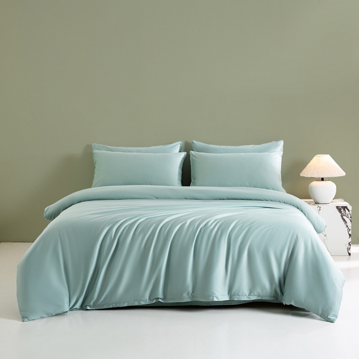 91家纺网 家纺一手货源 找家纺 憨豆家纺 2026新款全棉60s四件套纯色贡缎纯棉被套床笠款三件套长绒棉被套 薄荷绿