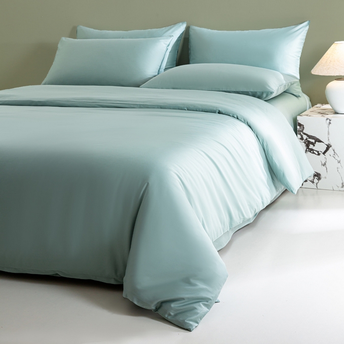 91家纺网 家纺一手货源 找家纺 憨豆家纺 2026新款全棉60s四件套纯色贡缎纯棉被套床笠款三件套长绒棉被套 薄荷绿