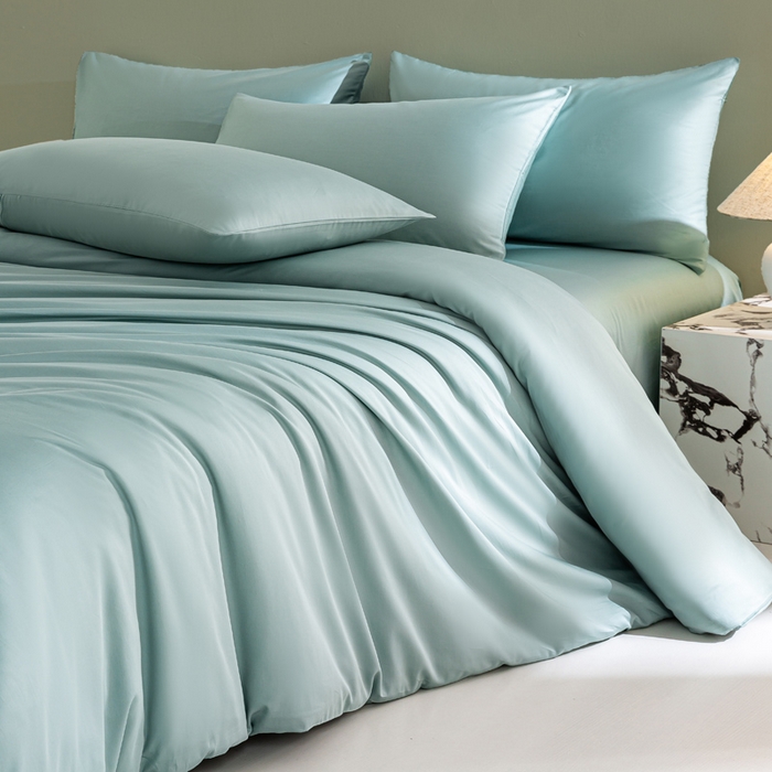 91家纺网 家纺一手货源 找家纺 憨豆家纺 2026新款全棉60s四件套纯色贡缎纯棉被套床笠款三件套长绒棉被套 薄荷绿
