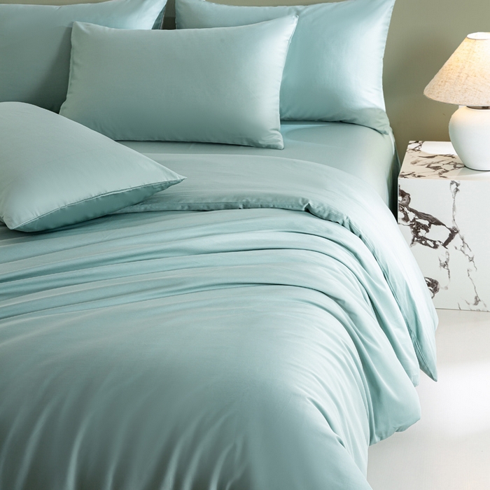 91家纺网 家纺一手货源 找家纺 憨豆家纺 2026新款全棉60s四件套纯色贡缎纯棉被套床笠款三件套长绒棉被套 薄荷绿