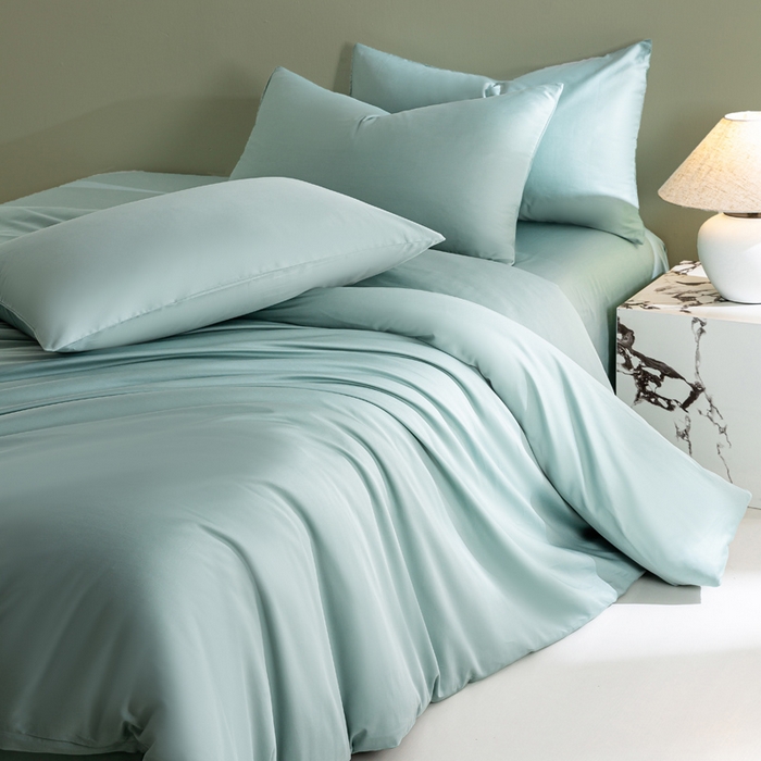 91家纺网 家纺一手货源 找家纺 憨豆家纺 2026新款全棉60s四件套纯色贡缎纯棉被套床笠款三件套长绒棉被套 薄荷绿