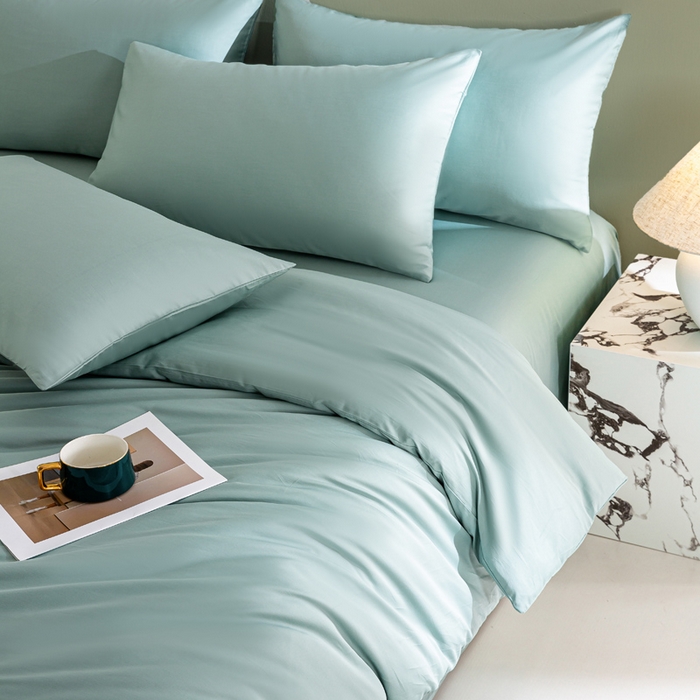 91家纺网 家纺一手货源 找家纺 憨豆家纺 2026新款全棉60s四件套纯色贡缎纯棉被套床笠款三件套长绒棉被套 薄荷绿