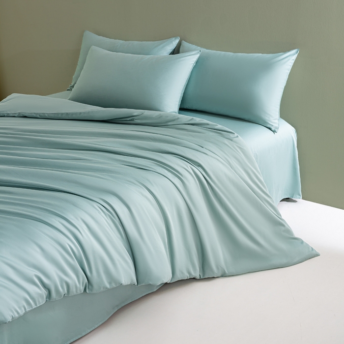 91家纺网 家纺一手货源 找家纺 憨豆家纺 2026新款全棉60s四件套纯色贡缎纯棉被套床笠款三件套长绒棉被套 薄荷绿