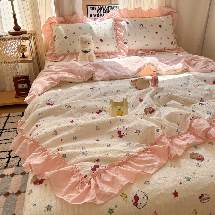 91家纺网 家纺一手货源 找家纺 欧尚 2026新款床盖款花边夏被四件套 星光凯蒂