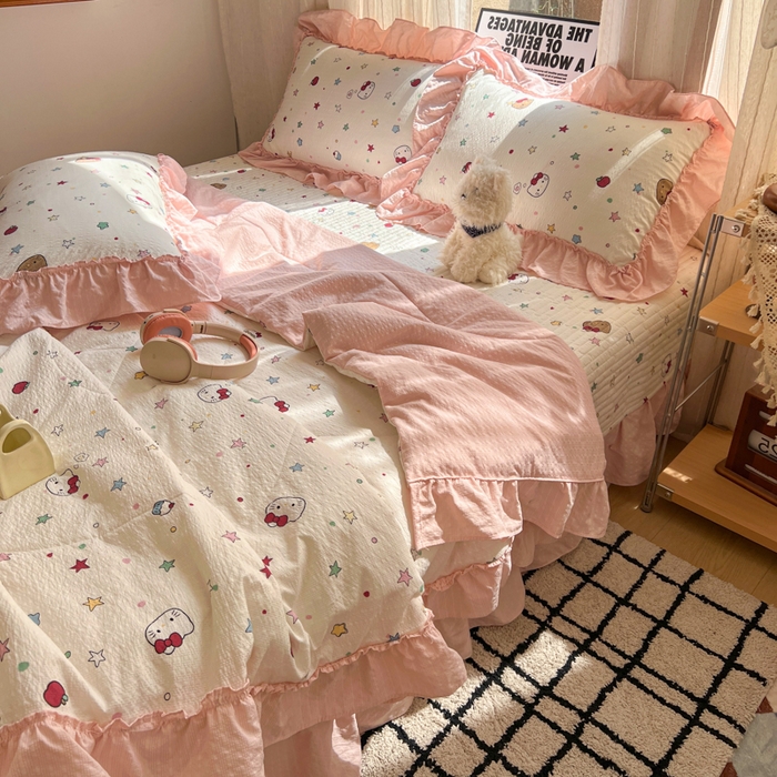 91家纺网 家纺一手货源 找家纺 欧尚 2026新款床盖款花边夏被四件套 星光凯蒂