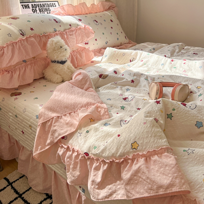 91家纺网 家纺一手货源 找家纺 欧尚 2026新款床盖款花边夏被四件套 星光凯蒂