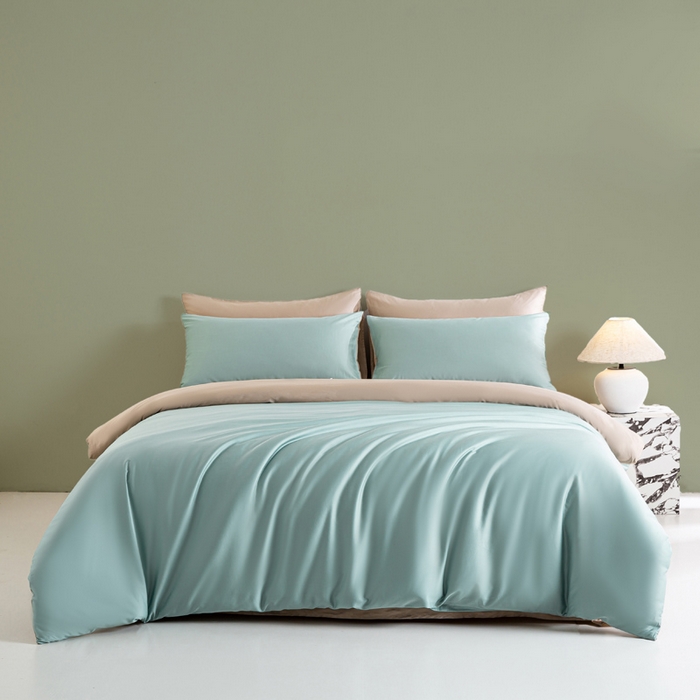 91家纺网 家纺一手货源 找家纺 憨豆家纺 2026新款全棉60s四件套纯色贡缎纯棉被套床笠款三件套长绒棉被套 薄荷绿+奶咖