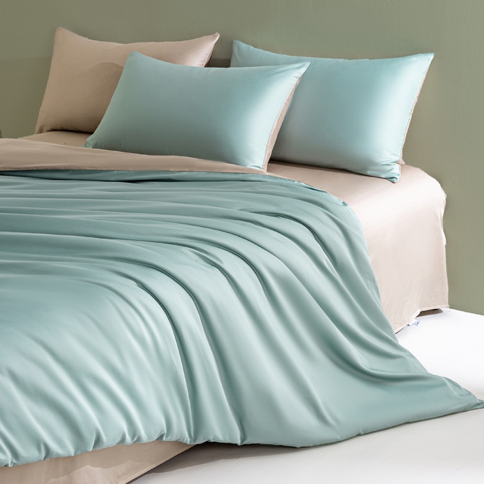 91家纺网 家纺一手货源 找家纺 憨豆家纺 2026新款全棉60s四件套纯色贡缎纯棉被套床笠款三件套长绒棉被套 薄荷绿+奶咖