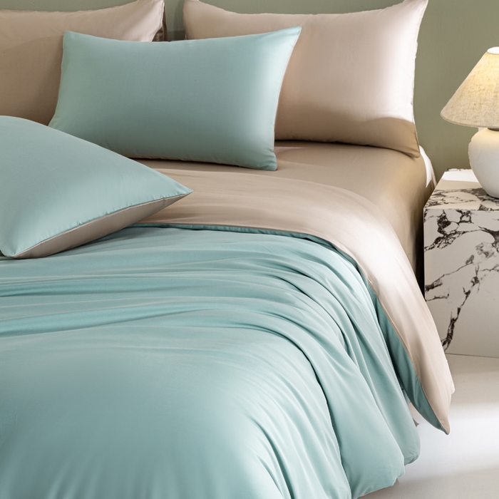 91家纺网 家纺一手货源 找家纺 憨豆家纺 2026新款全棉60s四件套纯色贡缎纯棉被套床笠款三件套长绒棉被套 薄荷绿+奶咖