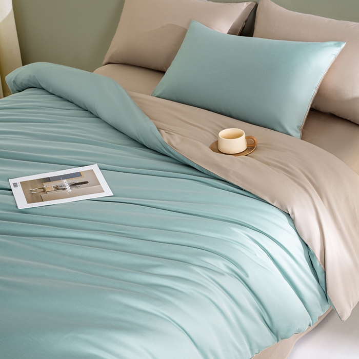 91家纺网 家纺一手货源 找家纺 憨豆家纺 2026新款全棉60s四件套纯色贡缎纯棉被套床笠款三件套长绒棉被套 薄荷绿+奶咖