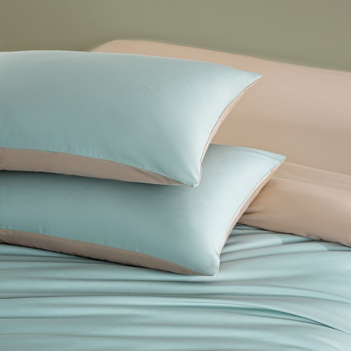 91家纺网 家纺一手货源 找家纺 憨豆家纺 2026新款全棉60s四件套纯色贡缎纯棉被套床笠款三件套长绒棉被套 薄荷绿+奶咖